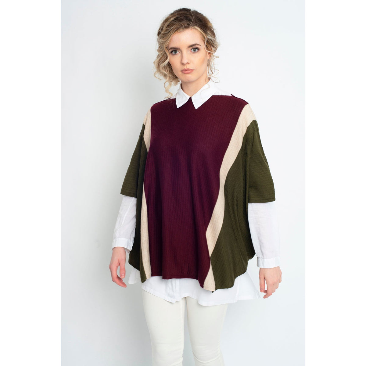 Signature Draped Stripe Poncho Green Burgundy