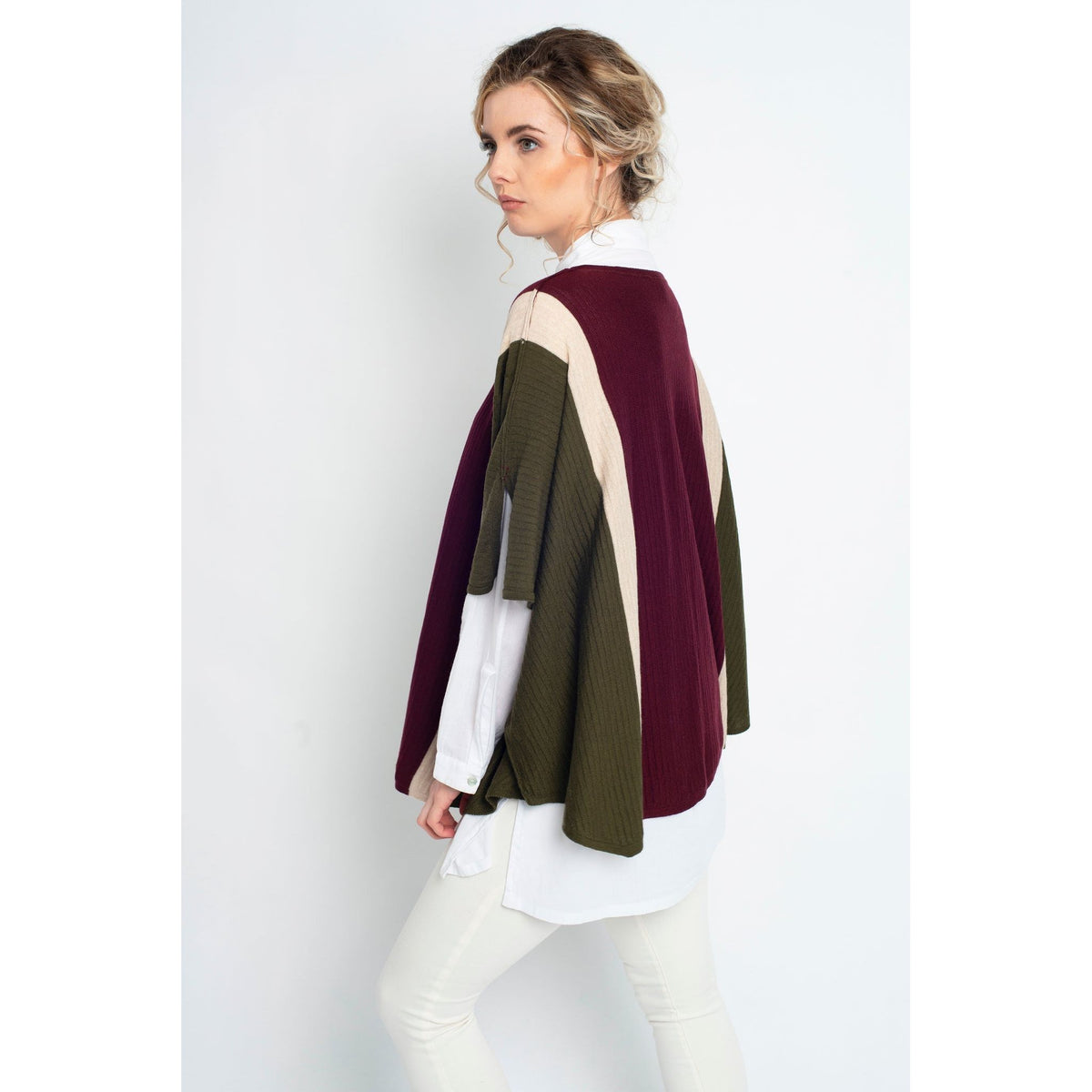 Signature Draped Stripe Poncho Green Burgundy