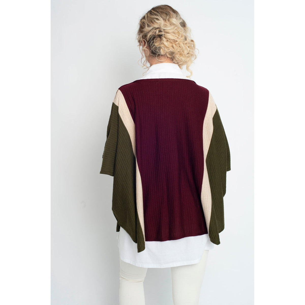 Signature Draped Stripe Poncho Green Burgundy