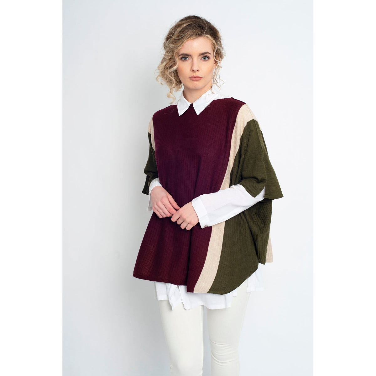 Signature Draped Stripe Poncho Green Burgundy