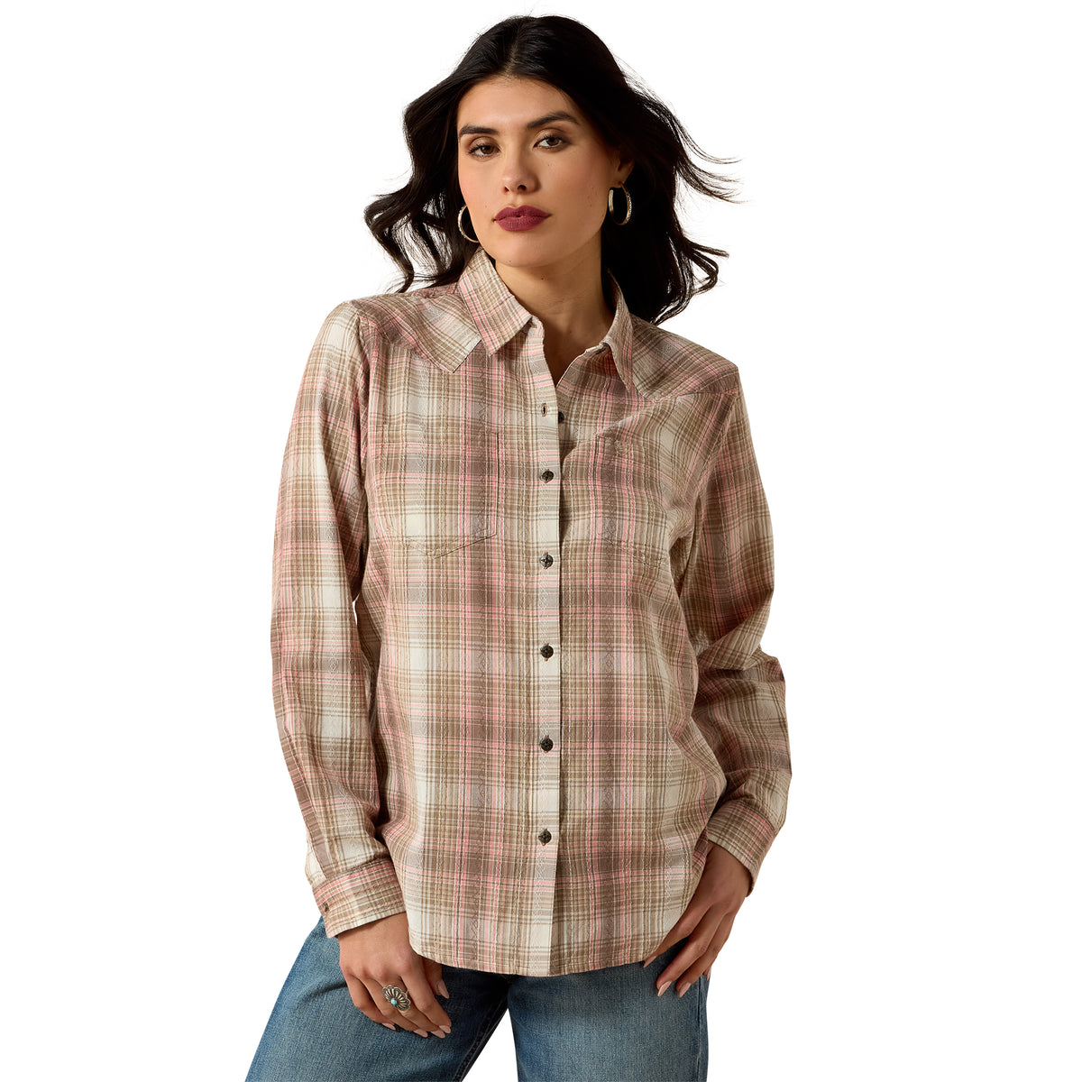Billie Jean Western Shirt WHITE PEPPER CORAL PLAID