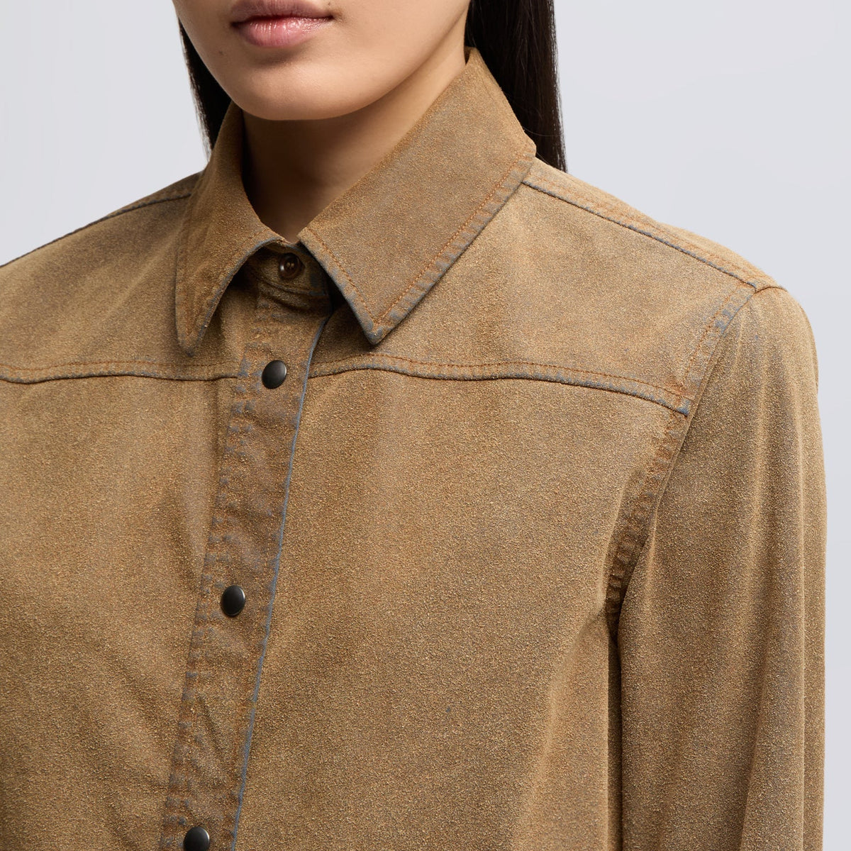 Flocked Chambray Women Shirt With Leather Effect