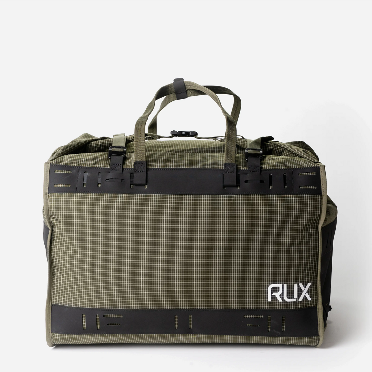 RUX Duffel Box 55L Green – framifrån med remmar uppåt