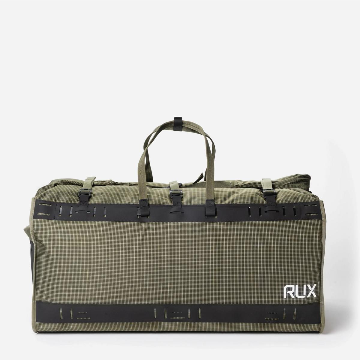 RUX Duffel Box 75L Green – framifrån med remmar uppåt