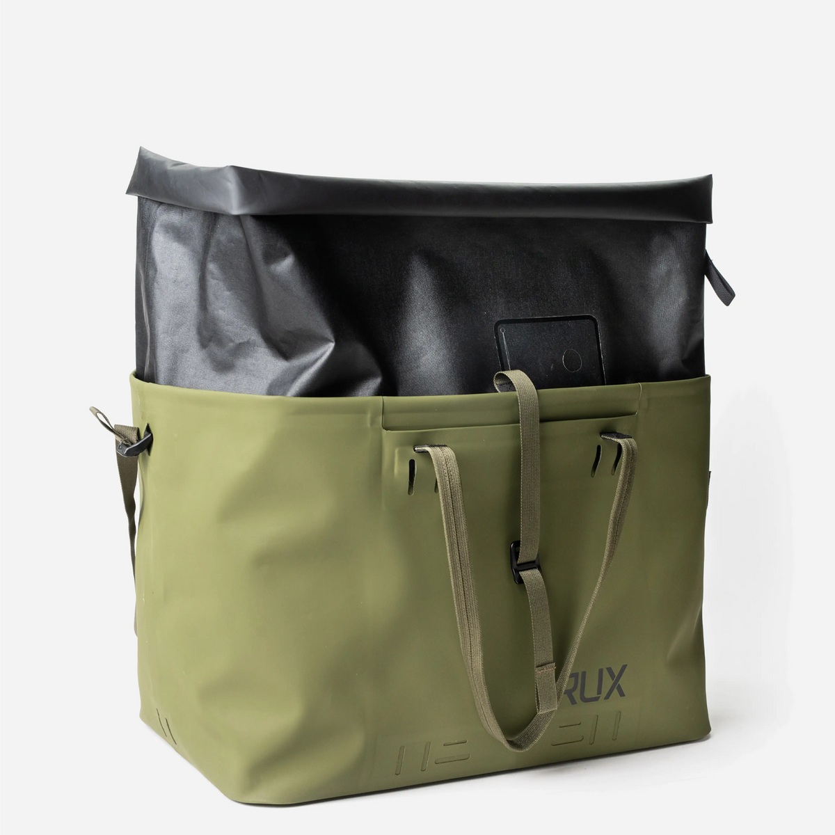 RUX Waterproof Tote Bag 50L Green – rullad topp, 3/4 höger